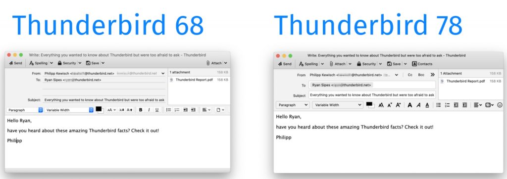 Zobrazení adresátů v Thunderbird 68 vs. Thunderbird 78